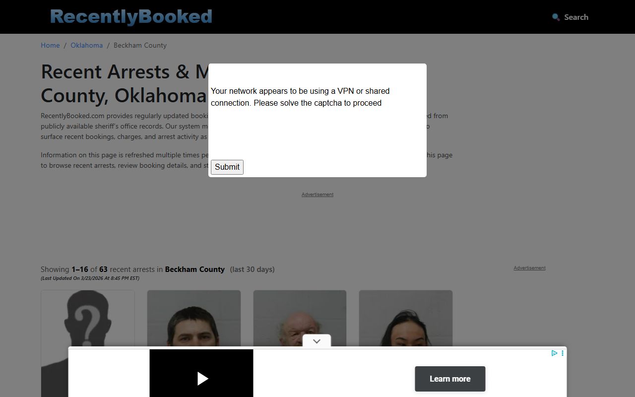 Recently Booked Beckham County arrests page Beckham County Recent Arrests