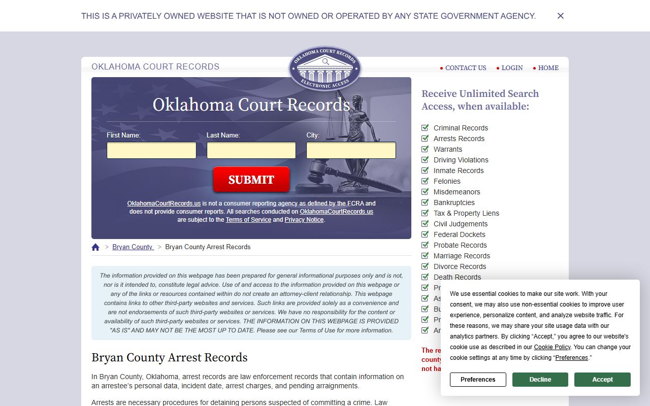 Oklahoma Court Records Bryan County arrests page Bryan County Recent Arrests