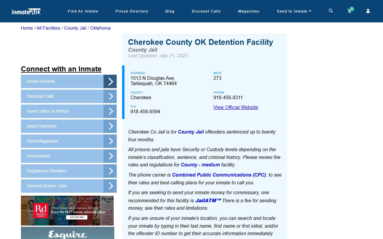 InmateAid Cherokee County OK Jail page Cherokee County Recent Arrests