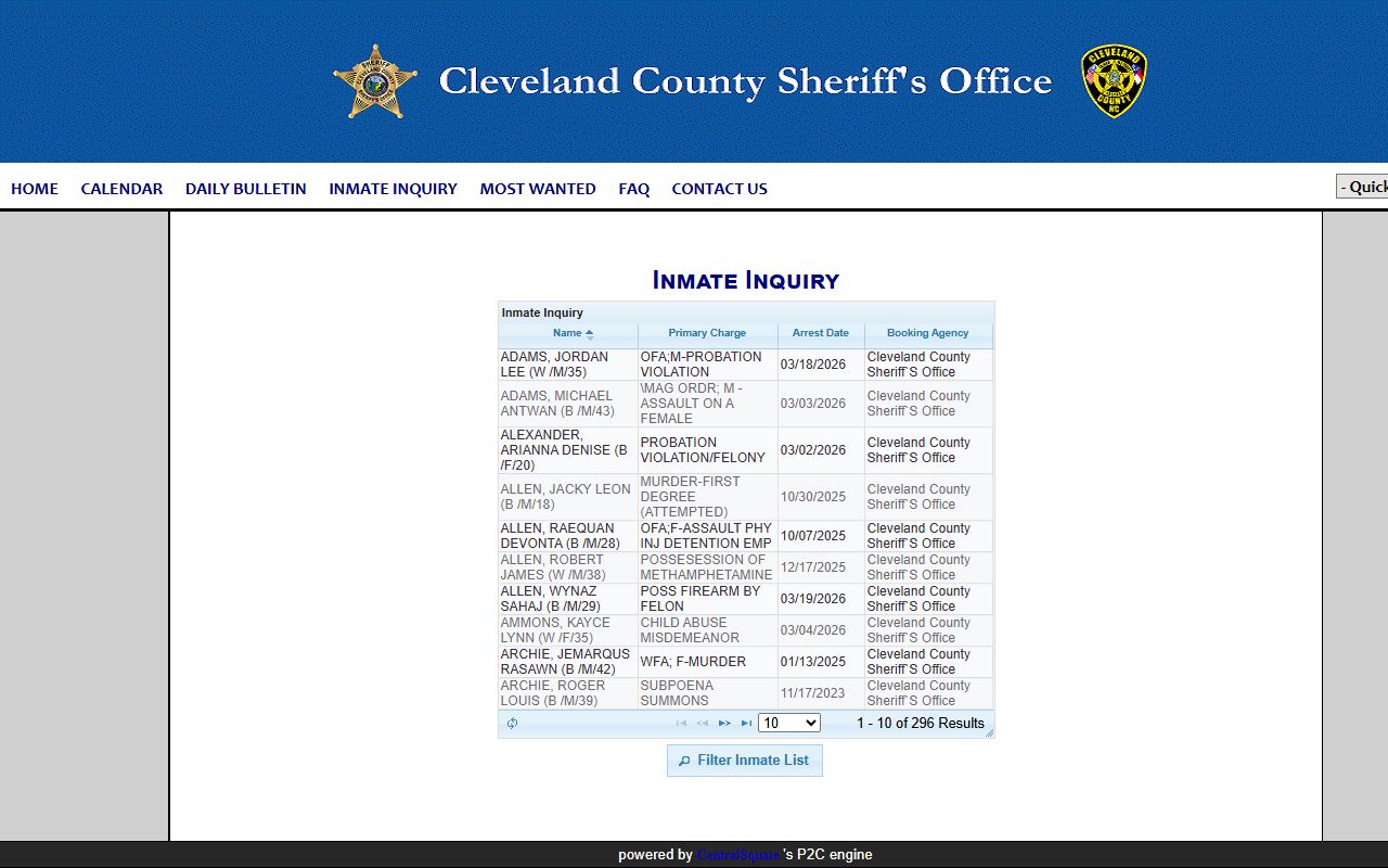Cleveland County P2C inmate system Cleveland County Recent Arrests