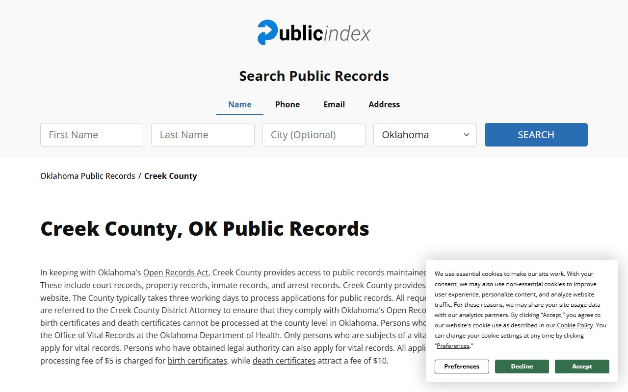 Oklahoma Public Index Creek County records Creek County Recent Arrests