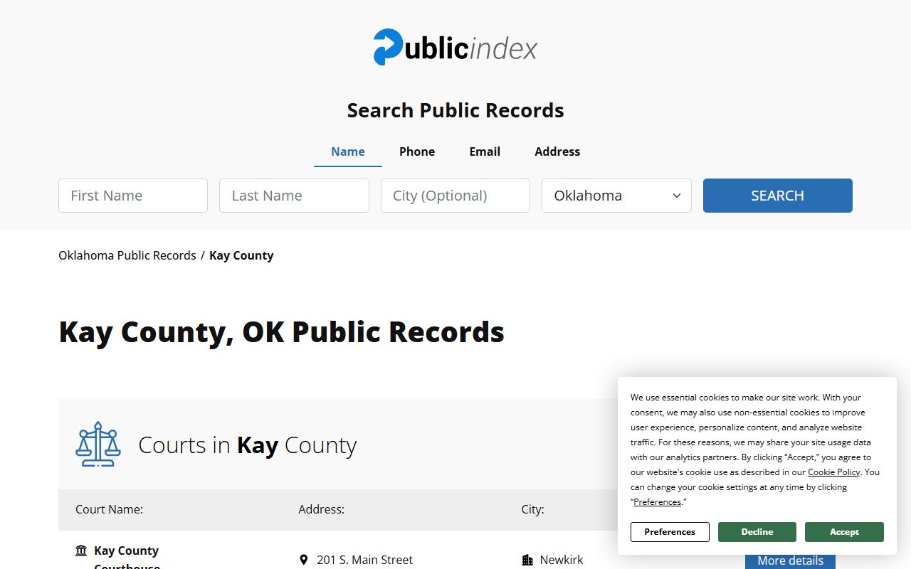 Oklahoma Public Index Kay County court records Newkirk