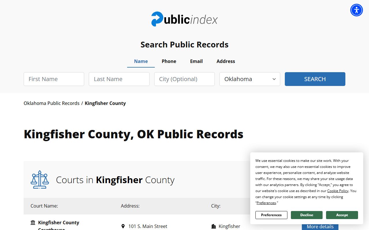 Oklahoma Public Index Kingfisher County court case records