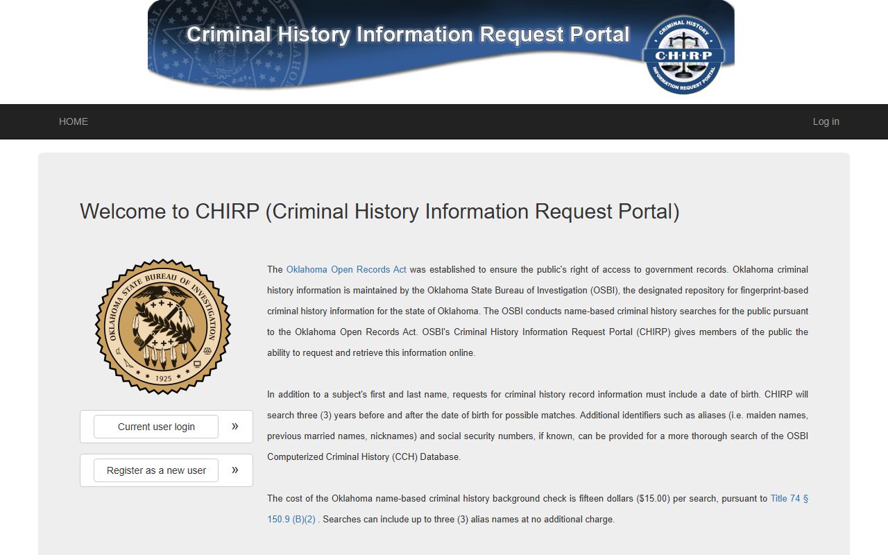 OSBI CHIRP Criminal History Request Portal Oklahoma Recent Arrests